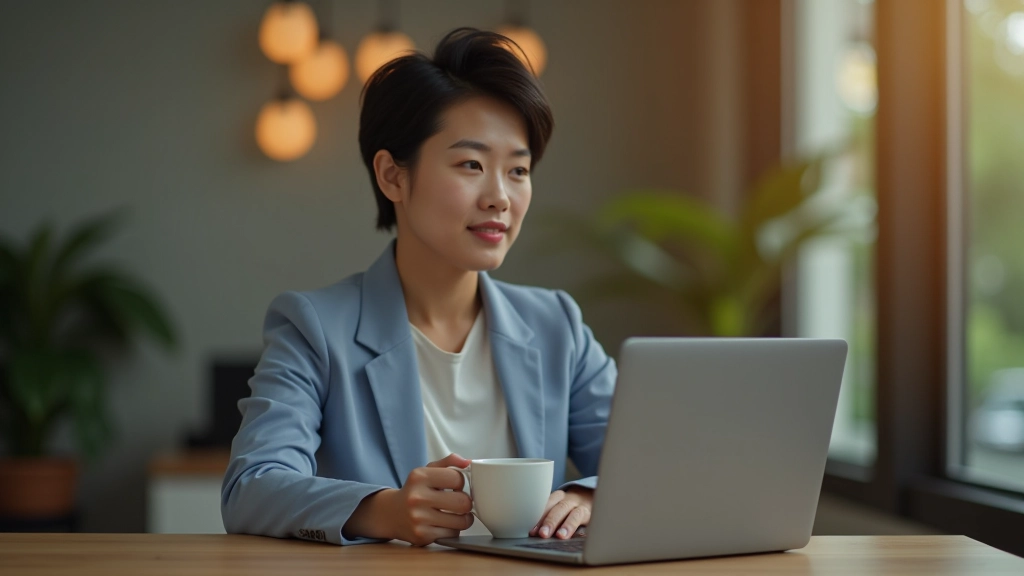 Person sitting at desk during evening hours, laptop closed, cup of tea nearby, calm expression showing work-life separation