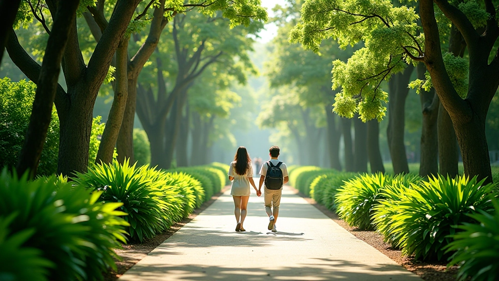 Lush green botanical garden setting with visitors relaxing on pathways, natural sunlight filtering through trees, peaceful atmosphere