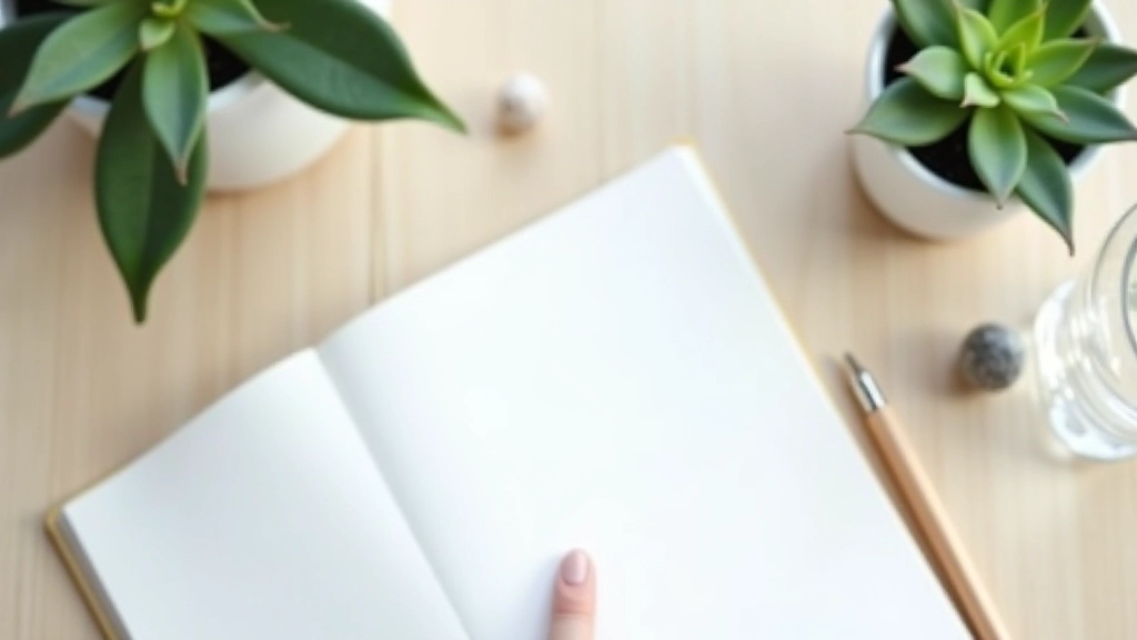 Workspace desk with journal, water bottle, and small succulent plant showing self-care elements for busy professionals