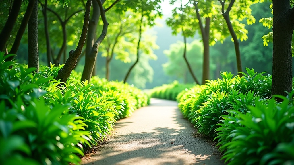 Peaceful nature trail through lush green forest for wellness