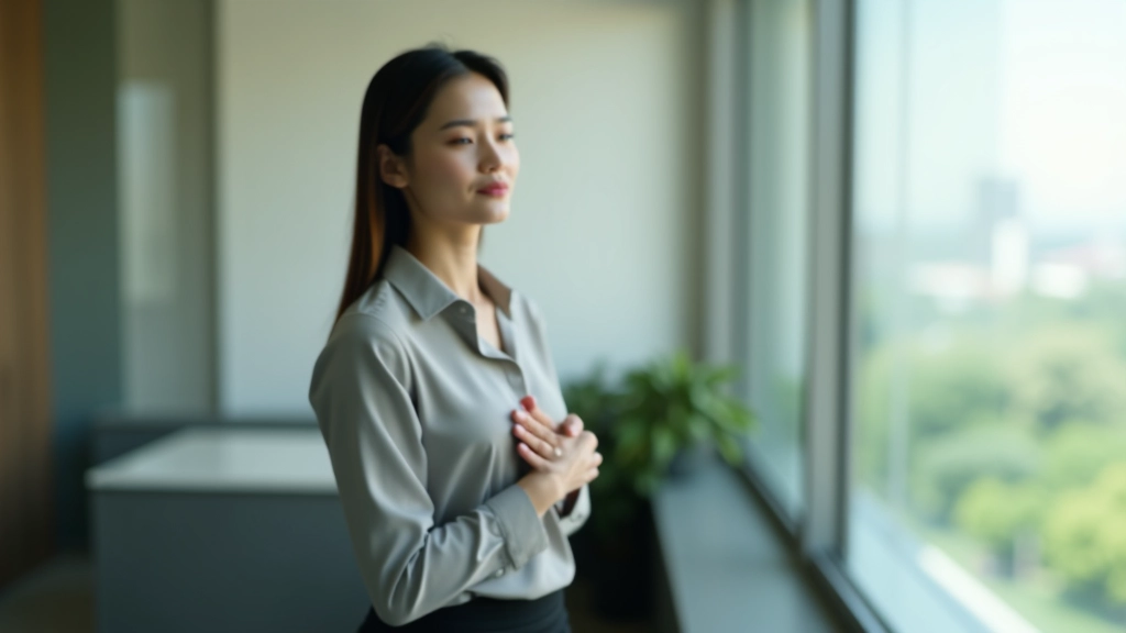 Woman taking a breathing break by office window, natural light, peaceful expression